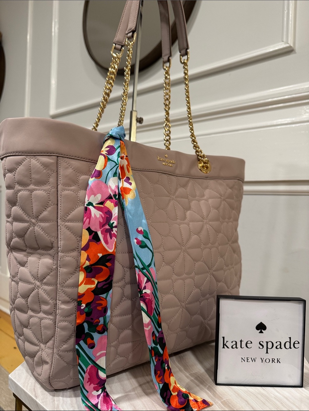 kate spade Bag Flower Cozy Quilted Light Blush Nylon Tote with Gold Chain Handle